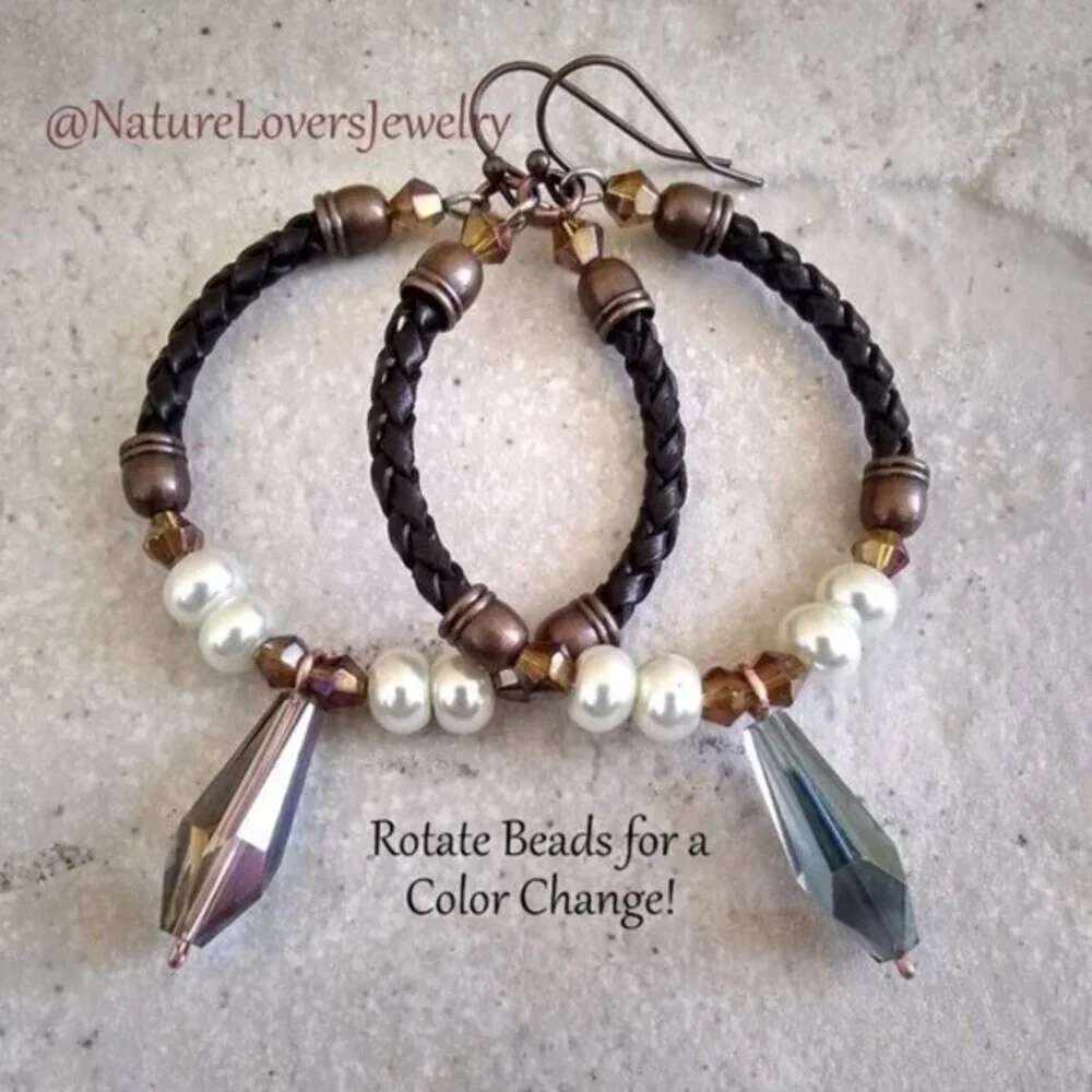 SEXY!!! Boho Hoop Earrings w. Leather, Crystals & Pearls - Total KickA$$ Hoops!